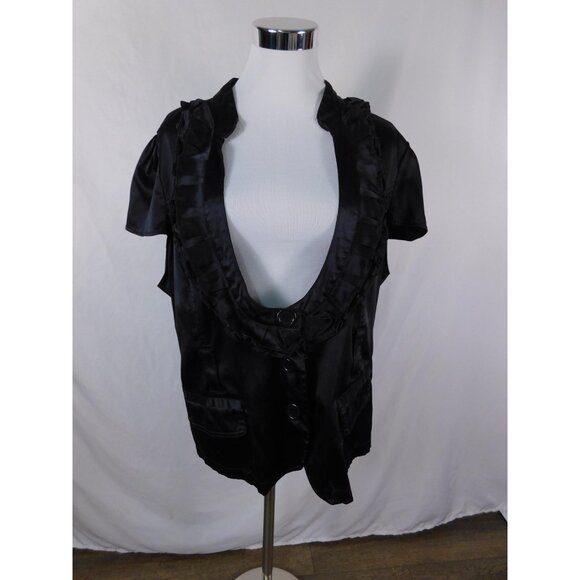 Dots Blazer Womens 2X Black Short Sleeve Ruffle Trim Satin Look Button Front - Picture 1 of 12